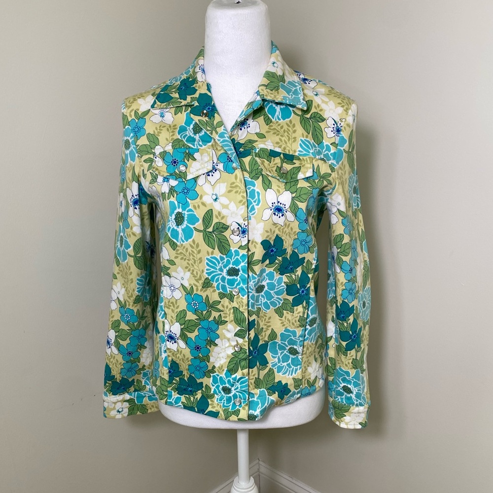 Beautiful Womens 60/70’s Floral Coat/Jacket/Top Pearl Snaps 3/4 Sleeve Small
